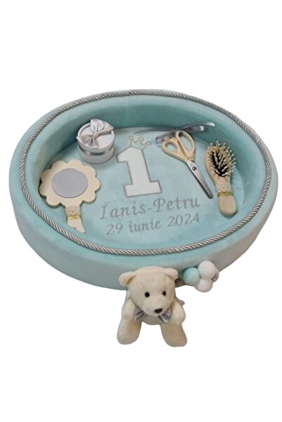 OEM Tăviță moț din catifea personalizată, bleu "Ursuleț baloane"