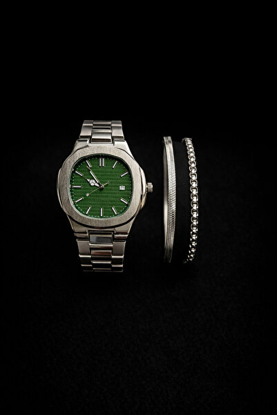 MEKKANMODA Çelik Kordon Erkek Kol Saati – Yeşil Kadran Çelik Bileklik Set
