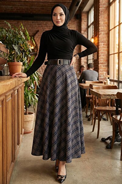 hafsamina Belted Mevlana Model Plaid Skirt Brown Hm2874
