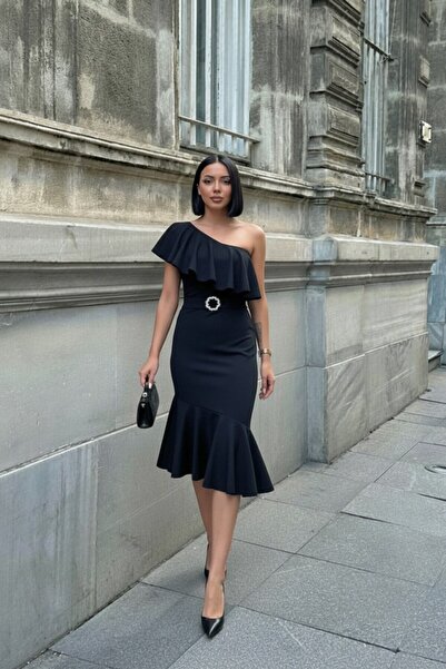 ALFUDO Moda Collection Rochie midi cu un singur umăr și detaliu volanat