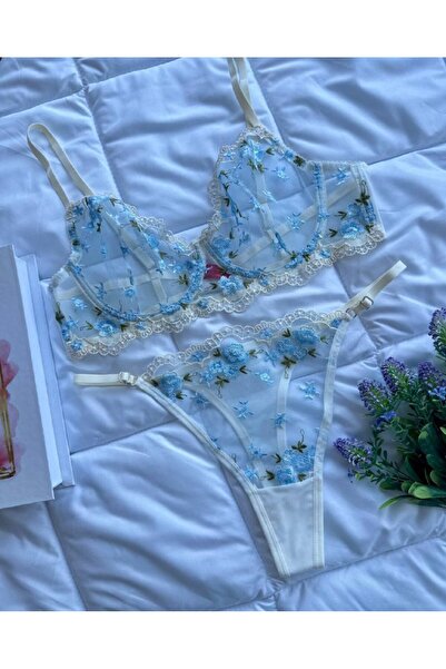 Lady's First Büyük Beden C Kap Mavi Çiçek Desenli Beyaz Dantelli Bralet Takım