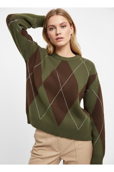 mysimy Women's Baklava Patterned Circular Neck Tricot Sweater