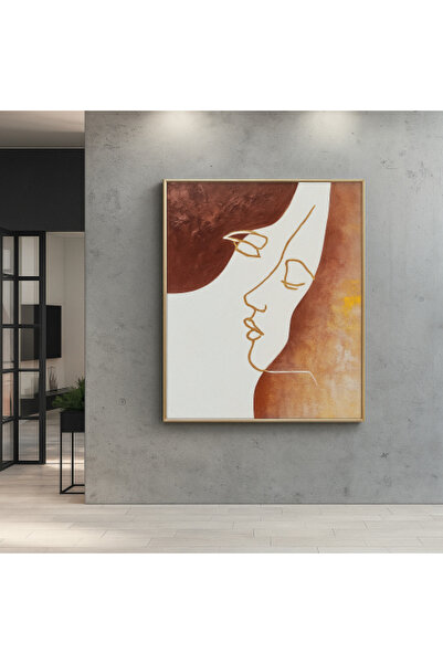lawhat لوحة فنية تجريدية أنيقة تجسّد ملامح وجهين يلتقيان في انسجامٍ صامت، بخط...