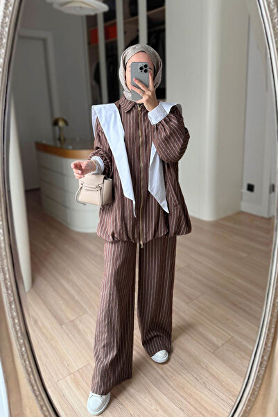 Ka Hijab Striped Suit with Scarf Detail - Brown