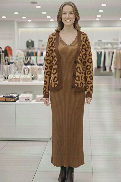 Swana Women's Leopard Pattern Cardigan Standard Knitwear Dress