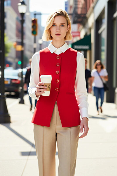 BENERLY Women's V-Neck Sleeveless Fitted Cut Lined Buttoned Front Plain Woven...