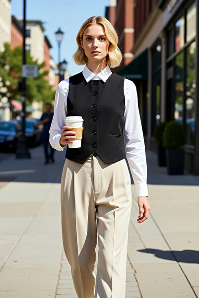 BENERLY Women's Crew Neck Sleeveless Fitted Crop Woven Fabric Vest Plain Patt...