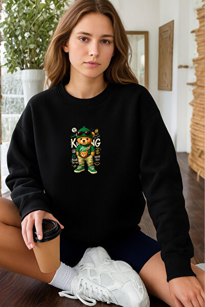 INFLUYENTE Women's Winter Bear King Printed Regular Cotton Crew Neck Sweatshirt