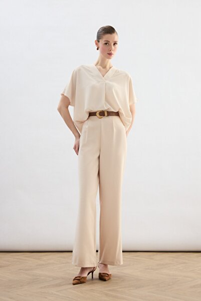 Sateen Palazzo Trousers - Beige