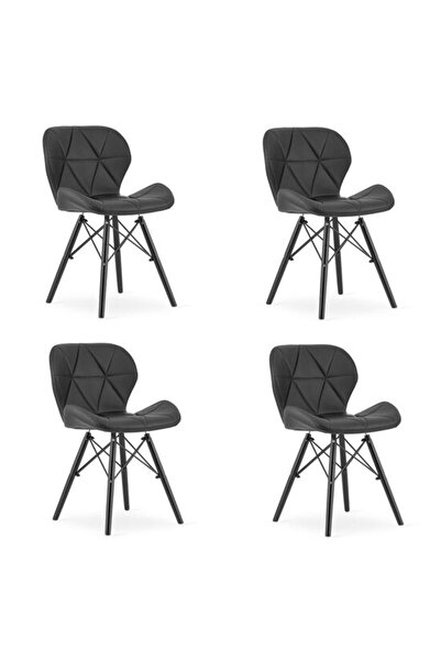 Artool Set de 4 scaune de bucătărie/living, Lago, piele ecologică, lemn, negr...