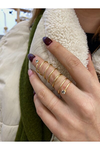 Belens Atelier Çelik Yüzük Parlak Taşlı Altın Sarısı A Kalite Şık Tasarm Ayar...