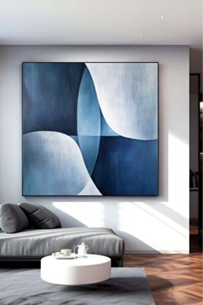 lawhat لوحة تجريدية فاخرة بدرجات الأزرق والرمادي تمنح المكان طابعًا راقيًا وم...