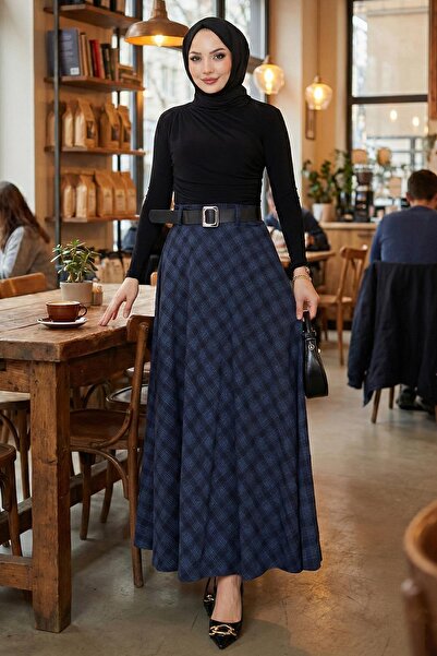 hafsamina Belted Mevlana Model Plaid Skirt Navy Blue Hm2874