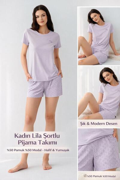 Arnetta Women's Lilac Shorts Pajama Set 50% Cotton 50% Modal – Short Sleeve, ...