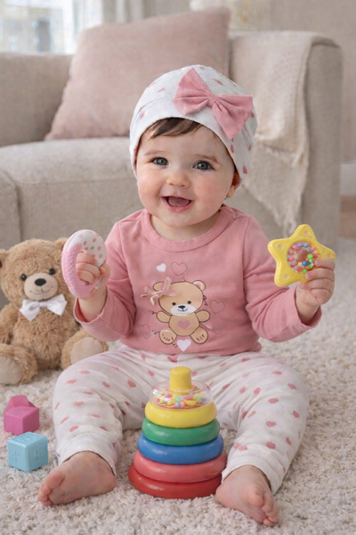 Atlas Baby House Heart Bow Teddy Bear Baby Girl Transitional Pink 3-Piece Set...