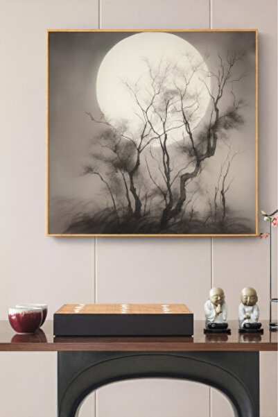 lawhat لوحة فنية آسرة بتقنية الحبر والظل تُظهر أشجارًا نحيلة تتمايل تحت ضوء ق...