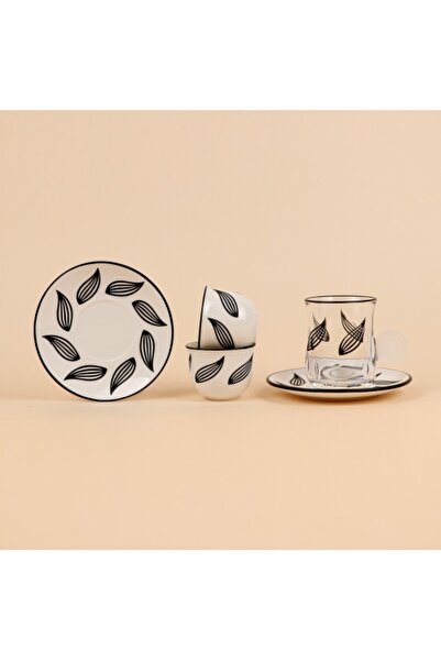 TULIN 18-piece tea and coffee cup set, glass and ceramic, black pattern