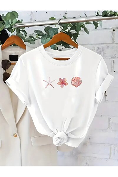 FUFLUNS Oyster and Flower Printed Oversized Unisex Women'S/Men's Crew Neck T-...