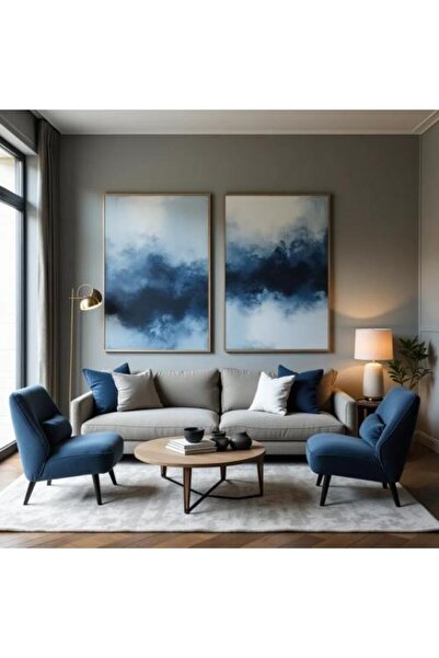 lawhat زوج من اللوحات التجريدية الفاخرة بتدرجات الأزرق العميق مع لمسات البيج ...