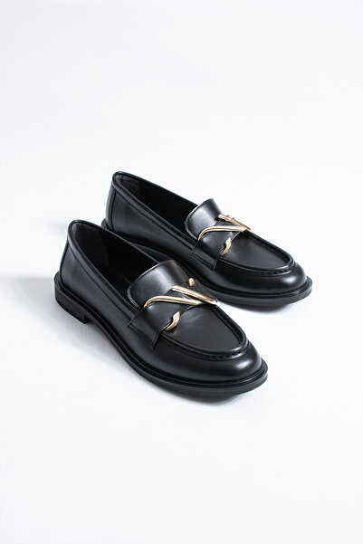 DESPİNA Ti̇ta Women's Black Leather Gold Buckle Detail Loafer Shoes – Classic...