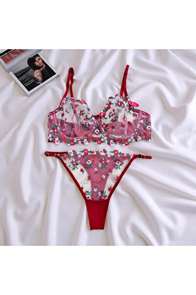 Lady's First Büyük Beden C Kap Kırmızı Çiçek Desenli Dantelli Bralet Takım