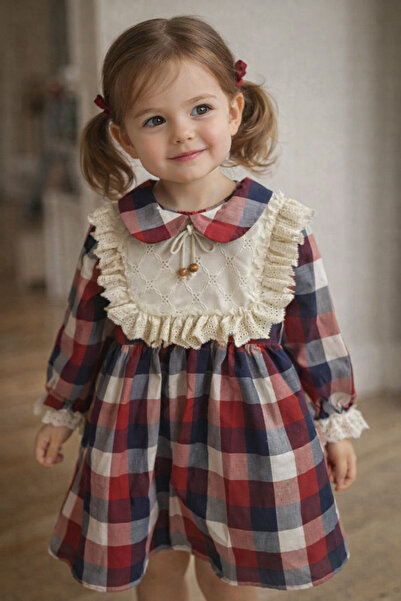 Fairystory Girl's Plaid Patterned Long Sleeve Dress with Lace Detail – New Se...