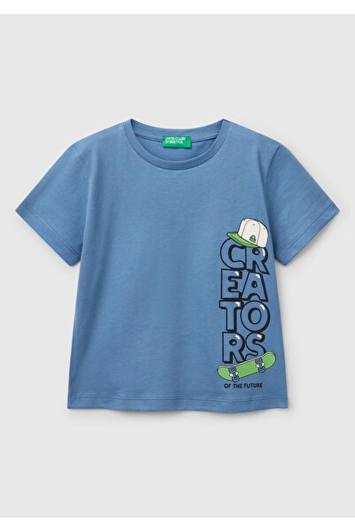 United Colors of Benetton Erkek Çocuk Havacı Mavi Grafik Baskılı T-Shirt