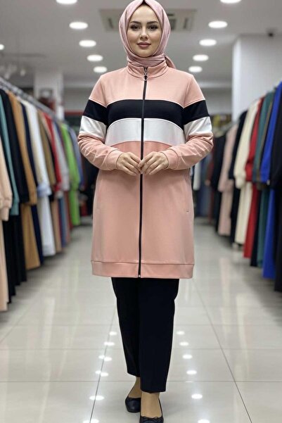 Tesettür Diyarı Căciulă hijab colorblock cu fermoar pentru femei - Roz