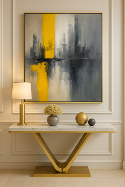 lawhat للوحة فنية تجريدية راقية تجمع بين الألوان الرمادية والذهبية مع لمسة من...