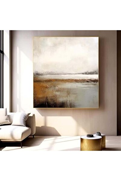 lawhat لوحة تجريدية فاخرة بدرجات البيج والرمادي والبني تمنح المكان طابعًا راق...