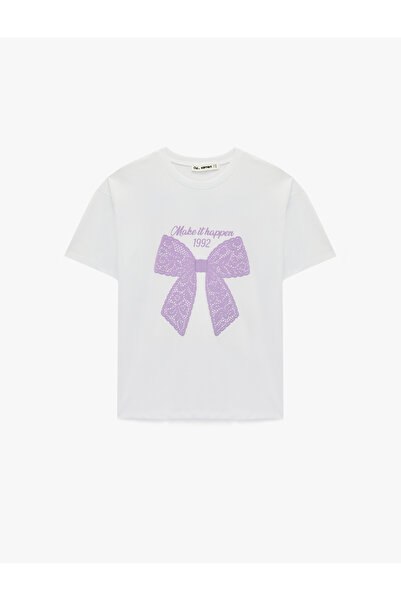 Koton Short Sleeve Crew Neck Bow Printed Oversized T-Shirt