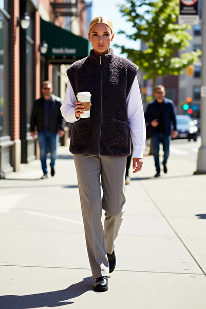 BENERLY Vestă tricotată din pluș, cu guler înalt, fără mâneci, cu fermoar și ...