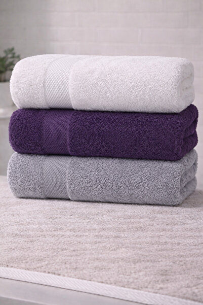 İQON 3-Piece Cotton Bath Towel Set White-Purple-Gray (70X140 cm)