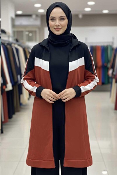 Tesettür Diyarı Căciulă hijab colorblock cu fermoar pentru femei - maro