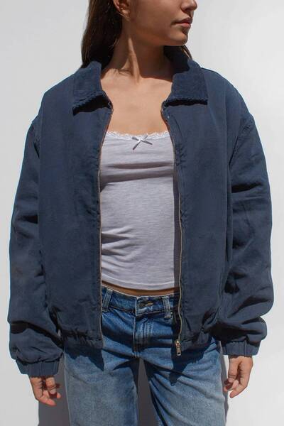 september island Vayne Navy Blue Color Canvas Coat with Fur Inside