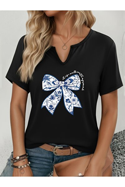 mercoledi Women's Blue Ribbon Printed Half V-Neck Sleeves Regular Fit Comfort...