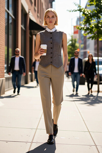 BENERLY Women's Crew Neck Sleeveless Fitted Woven Plaid Checkered Vest Regula...