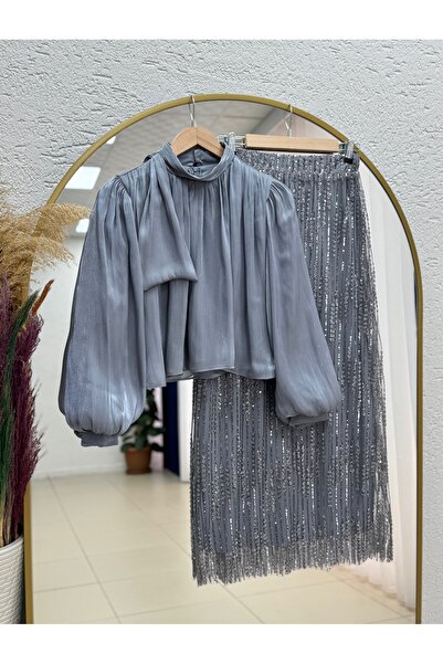 MİHRA STORE Ada Balon Puff Sleeve Skirt Sequined Shirt Janjan Set-Ge807 Gray