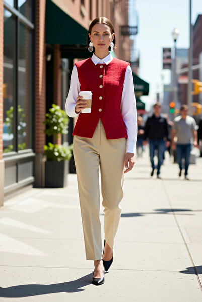 BENERLY Women's Crew Neck Sleeveless Tweed Woven Vest Fitted Cut Crumpled Pat...