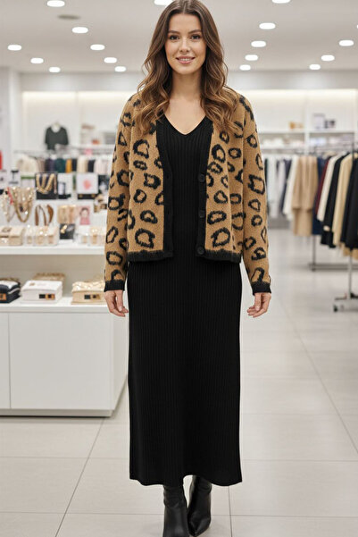 Swana Γυναικείο πλεκτό φόρεμα με σχέδιο λεοπάρ και ζακέτα