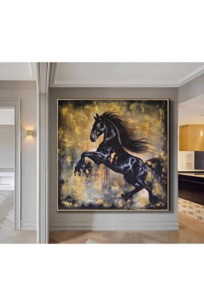 lawhat A luxurious artwork depicting a black horse leaping confidently agains...