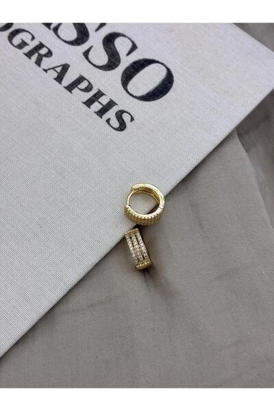 Hedef Bijuteri Gold Renk Zirkon Taşlı Üç Sıralı Kalın Halka Küpe CM200