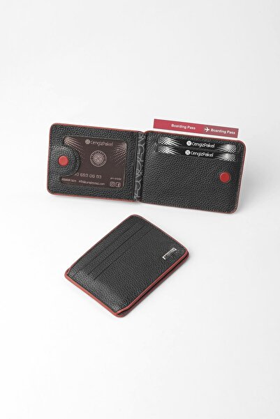 CENGİZ PAKEL Genuine Leather Minimalist Card Holder – 2522 - Black/Red