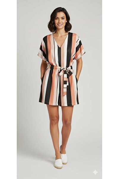 isiltikidsmoda Striped V-Neck Short Jumpsuit with Belt at the Waist