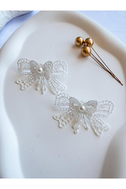 Efna Store Lace Embroidered Double Bow with Pearl Figure in the Center, Set o...