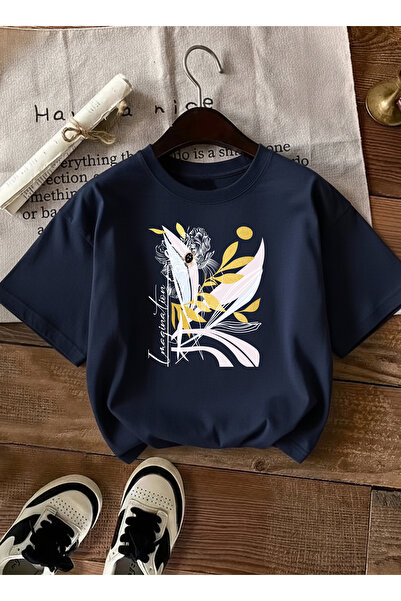 caddekombin تي شيرت نسائي باللون الأزرق الداكن مع تفاصيل نجمة ذهبية وزهور تجر...