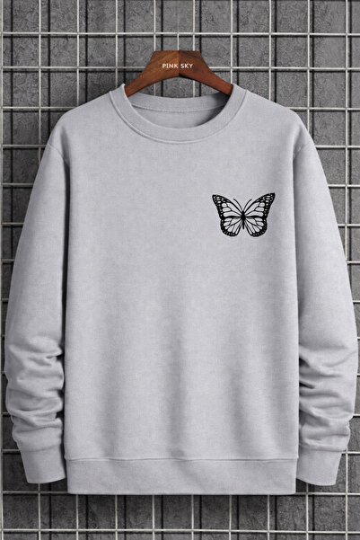 Pink Sky Unisex Oversize Βαμβακερό Φούτερ με Στάμπα1 Πεταλούδα