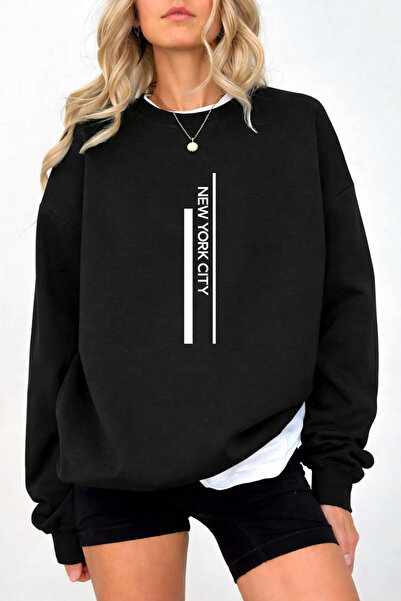 Pink Sky Unisex Oversize Βαμβακερό Φούτερ με Στάμπα1 NEW YORK