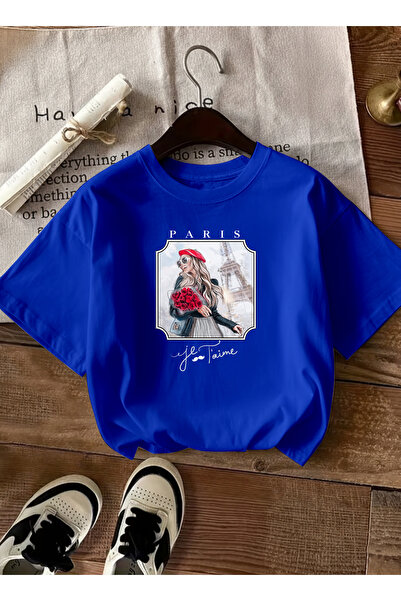 caddekombin Women's Romantic Paris Inspired Stylish Design Cobalt Blue T-Shirt