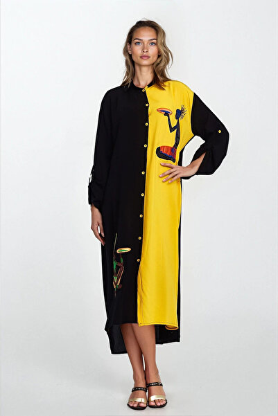 VAGGON Dámska žlto-čierna košeľa s potlačou, golier, košeľové šaty veľkej veľ...